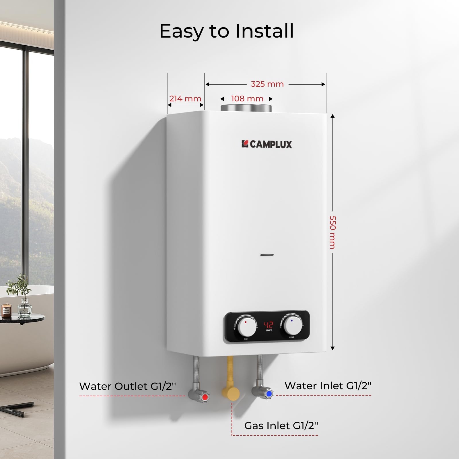 CAMPLUX BY264 Indoor Gas Water Heater 10 litres, Domestic Instantaneous LPG Shower, for Household, Butane/Propane, 3V [Energy Class A+]