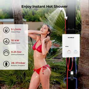 CAMPLUX AY132P43 5L Portable Gas Water Heater with 4.3L Water Pump 12V,Tankless LP Gas Boiler with Folding Handle,Use for Outdoor Camping Shower RV Trip Washing Horse