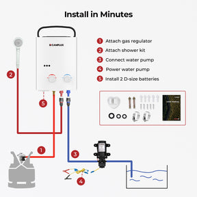 CAMPLUX AY132P43 5L Portable Gas Water Heater with 4.3L Water Pump 12V,Tankless LP Gas Boiler with Folding Handle,Use for Outdoor Camping Shower RV Trip Washing Horse