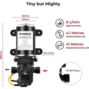 CAMPLUX 12V Water Pump 6L/Min, 65 PSI High Pressure Caravan Boat Gas Hot Water System