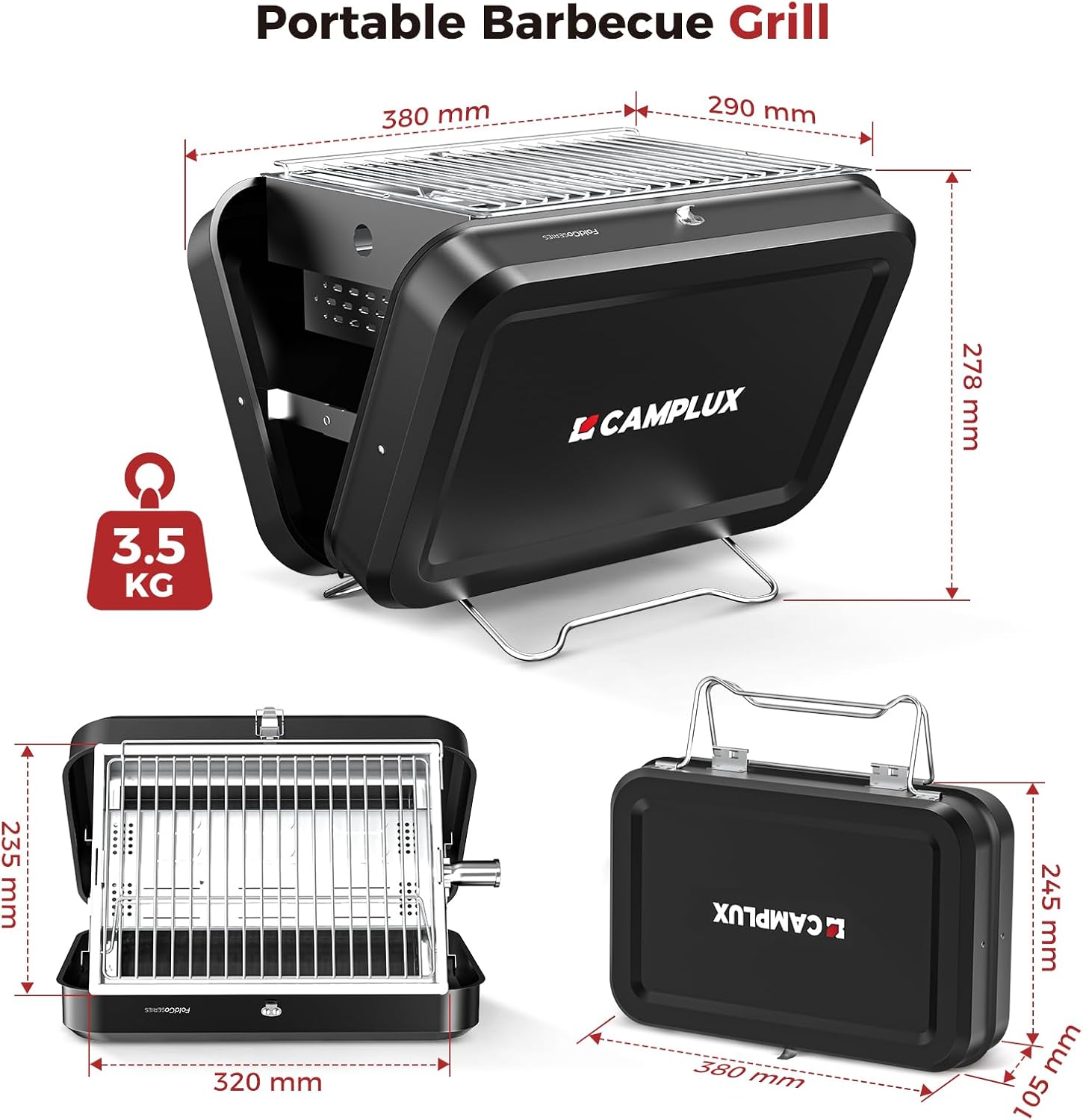 CAMPLUX Portable 2-in-1 Suitcase Grill, Gas & Charcoal Camping Stove with 32 x 23.5 cm Grid, Folds Compact for Camping, Backpacking, Balcony & Travel