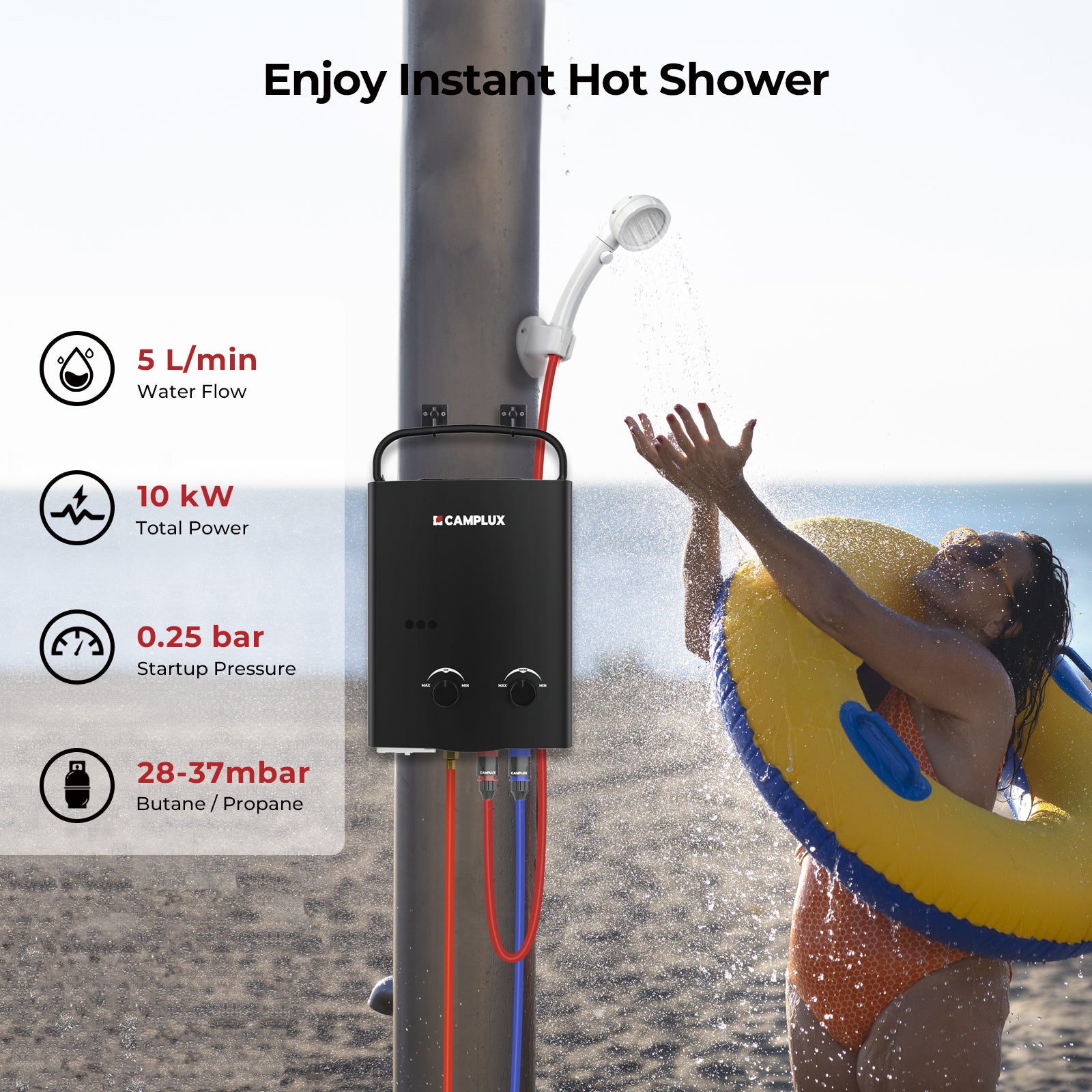 Camplux AY132 5L Portable Gas Water Heater with Folding Handle, Tankless LP Gas Boiler, Use for Outdoor Camping Shower RV