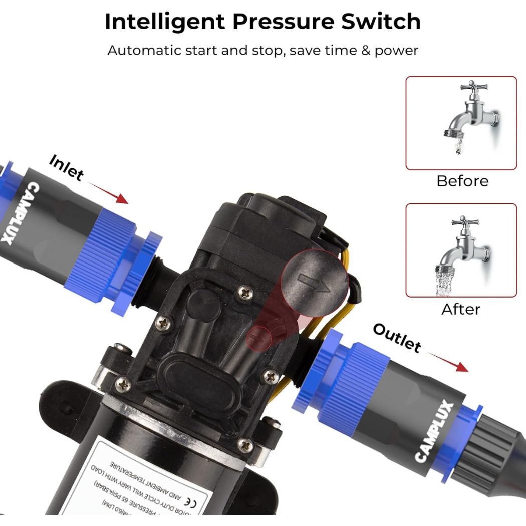 CAMPLUX 12V Water Pump 6L/Min, 65 PSI High Pressure Caravan Boat Gas Hot Water System