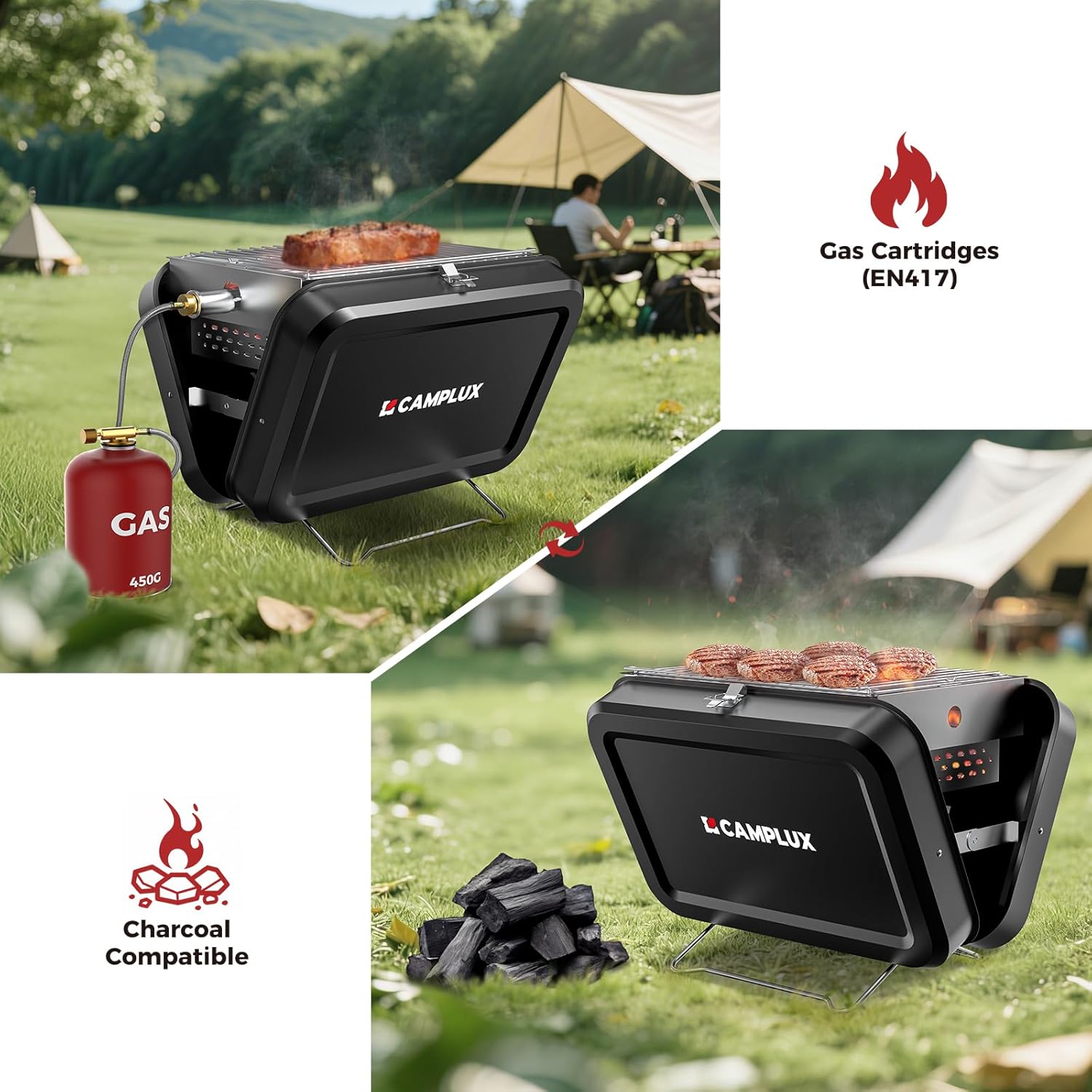 CAMPLUX Portable 2-in-1 Suitcase Grill, Gas & Charcoal Camping Stove with 32 x 23.5 cm Grid, Folds Compact for Camping, Backpacking, Balcony & Travel