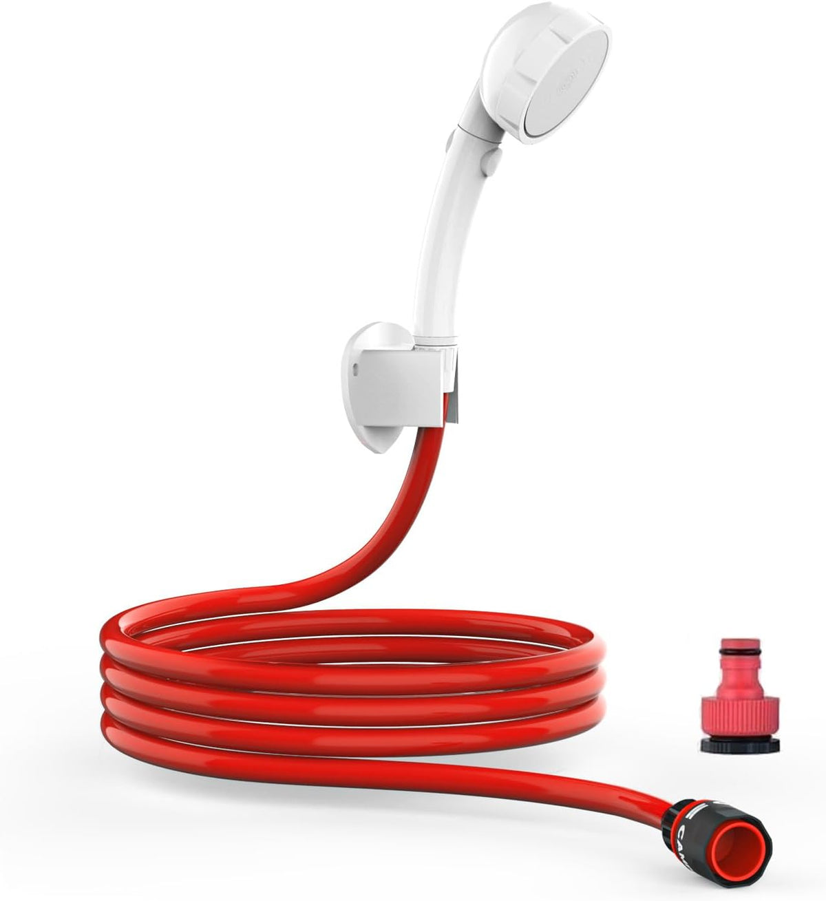 Camplux JK208 High Pressure Handheld Shower Head with 3 Sprays, ON/Off Switch, 1.5 Metres Red Water Hose, Snap-on Connector Universal Fitting
