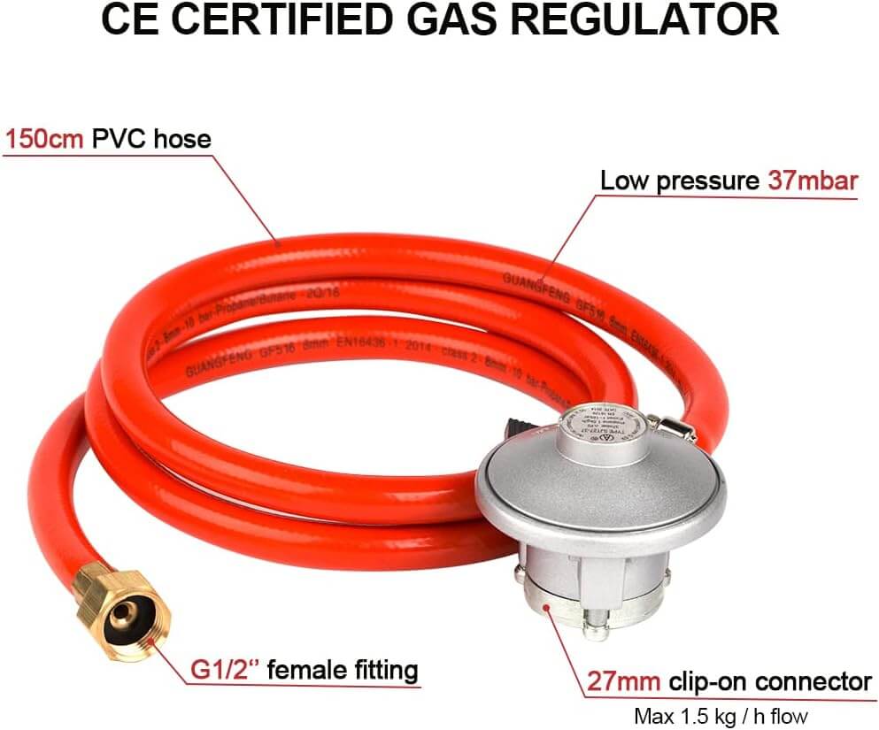 CAMPLUX JK-27 27mm Patio Gas Regulator, Propane Click-On Gas Regulator 37mbar with 150cm Hose