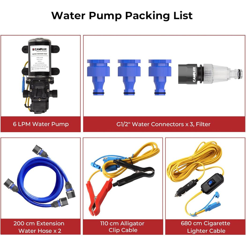 CAMPLUX 12V Water Pump 6L/Min, 65 PSI High Pressure Caravan Boat Gas Hot Water System