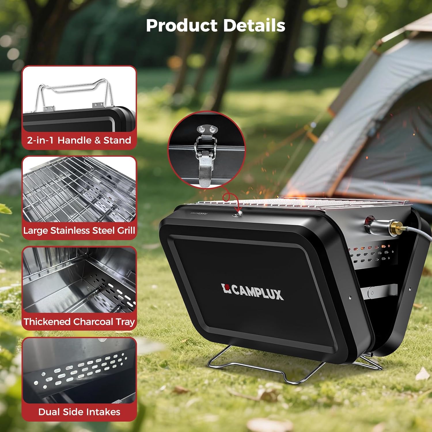 CAMPLUX Portable 2-in-1 Suitcase Grill, Gas & Charcoal Camping Stove with 32 x 23.5 cm Grid, Folds Compact for Camping, Backpacking, Balcony & Travel