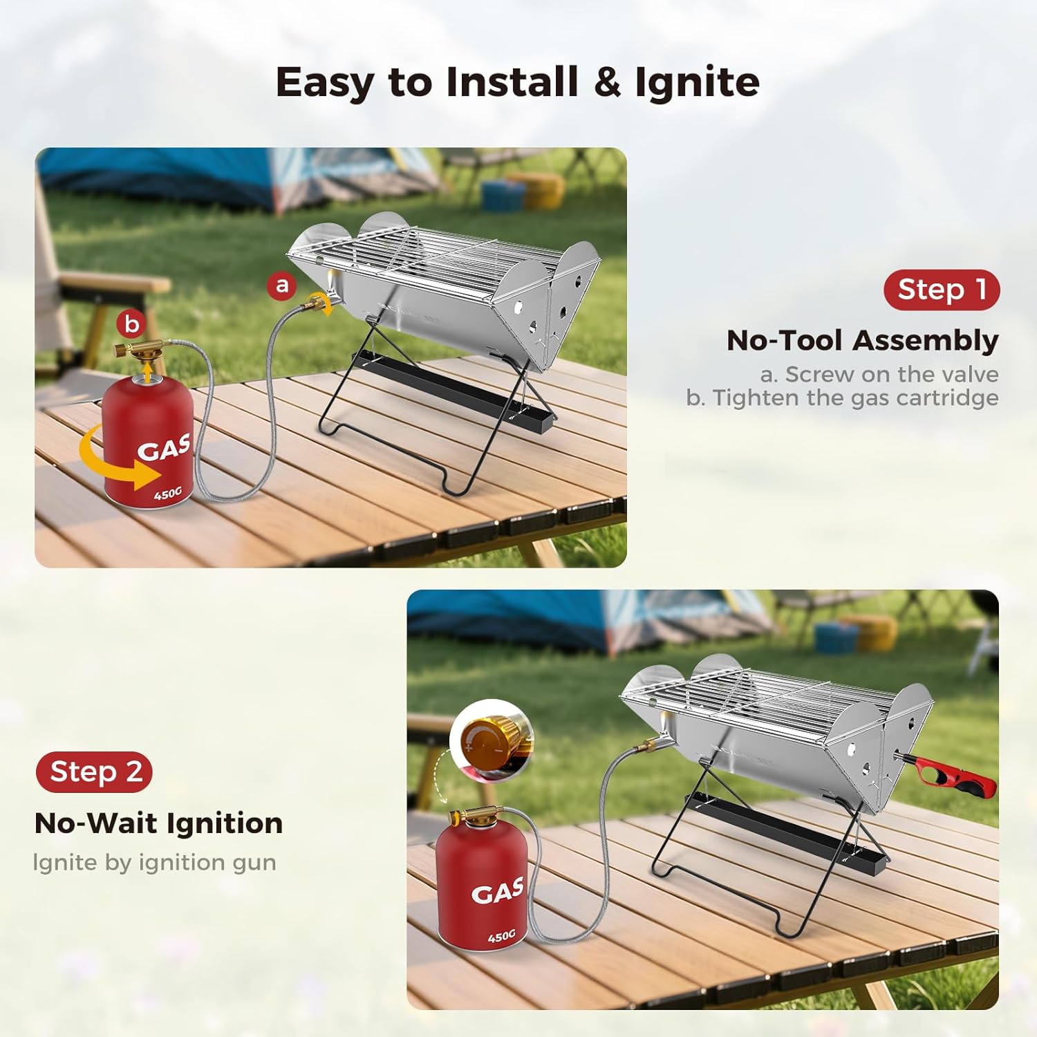 CAMPLUX Portable Grill, 2-in-1 Gas & Charcoal Camping Stove with 340x250 mm Grid and Storage Bag for Backyard, Picnic, Outdoor BBQ, FoldGo FG14GS