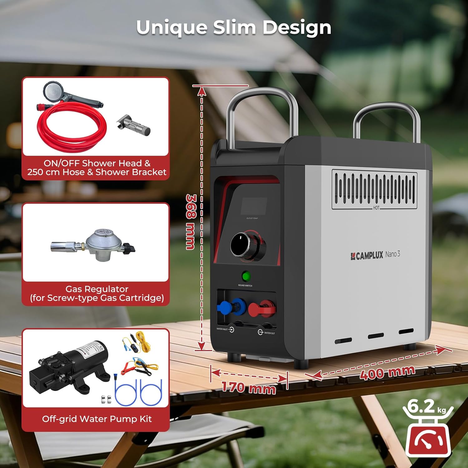 CAMPLUX Nano Portable Gas Water Heater 3L/min, Instant Outdoor Camping Shower for Off-Grid Use, Battery Ignition, Butane Canister Compatible, Nano 3