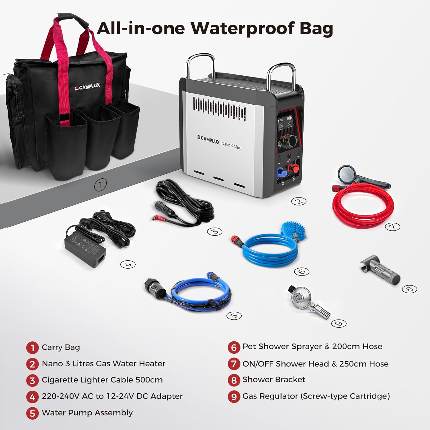 Nano 3 Max Gas Water Heater 3 Litre Gas Hot Shower with Water Pump & Handle