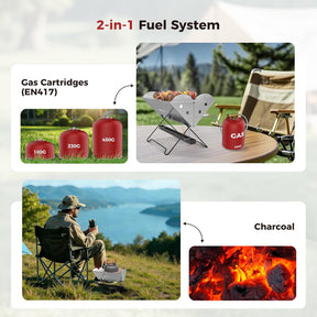 CAMPLUX Portable Grill, 2-in-1 Gas & Charcoal Camping Stove with 340x250 mm Grid and Storage Bag for Backyard, Picnic, Outdoor BBQ, FoldGo FG14GS