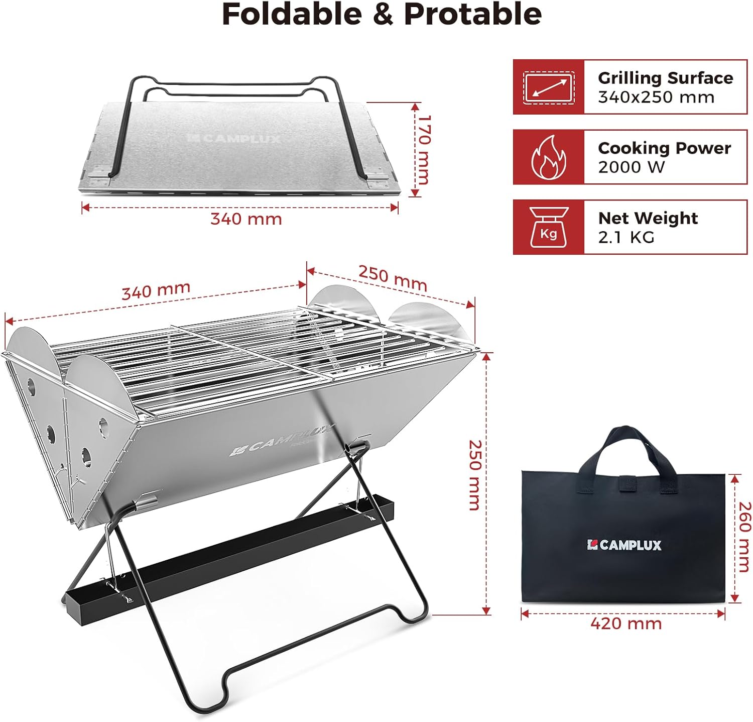 CAMPLUX Portable Grill, 2-in-1 Gas & Charcoal Camping Stove with 340x250 mm Grid and Storage Bag for Backyard, Picnic, Outdoor BBQ, FoldGo FG14GS