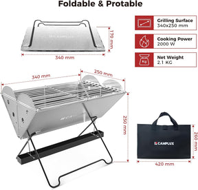 CAMPLUX Portable Grill, 2-in-1 Gas & Charcoal Camping Stove with 340x250 mm Grid and Storage Bag for Backyard, Picnic, Outdoor BBQ, FoldGo FG14GS