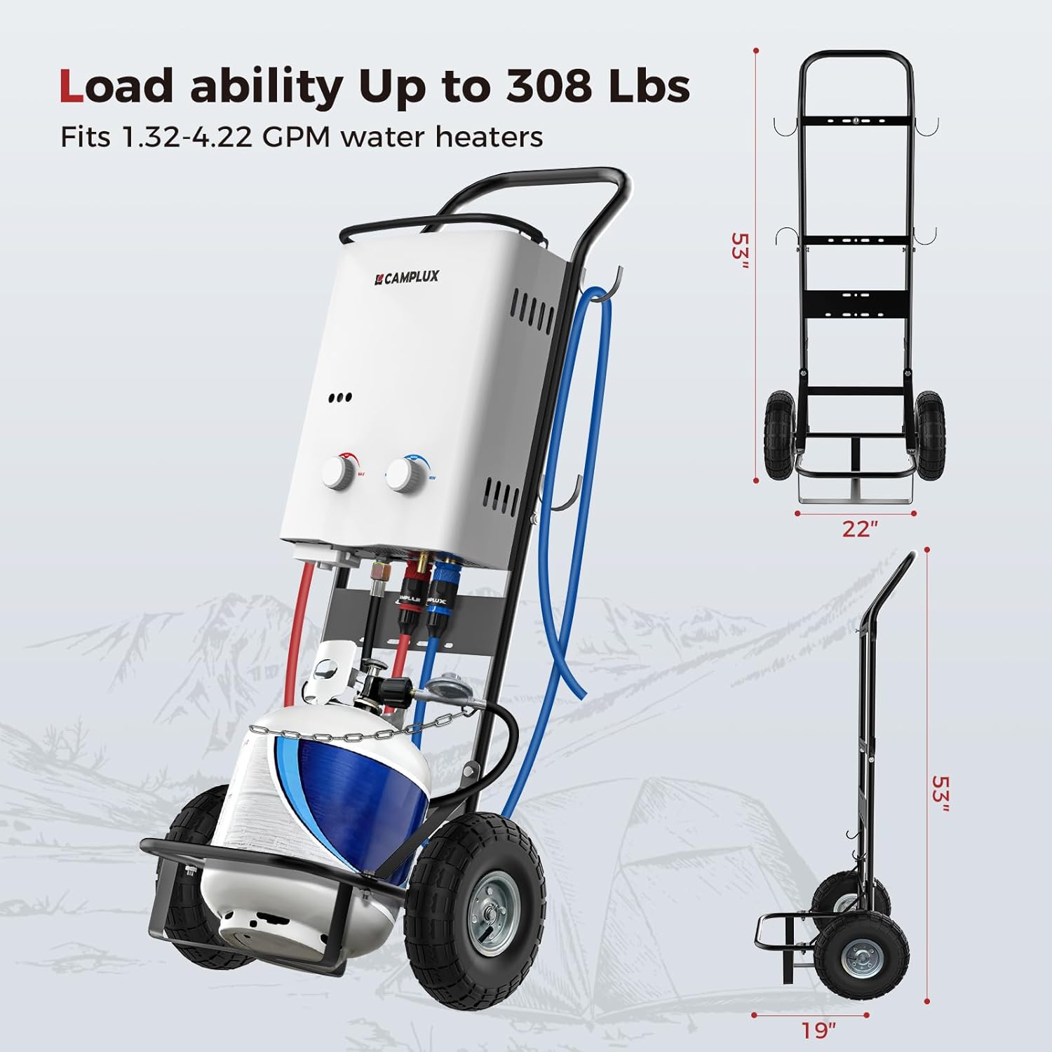 CAMPLUX Mobile Gas Bottle Trolley for Tankless Water Heaters, Heavy Duty Steel Sack Truck with 26 cm (10”) Pneumatic Tyres, Ideal for Camping, Pet Washing & Outdoor Hot Water, D52
