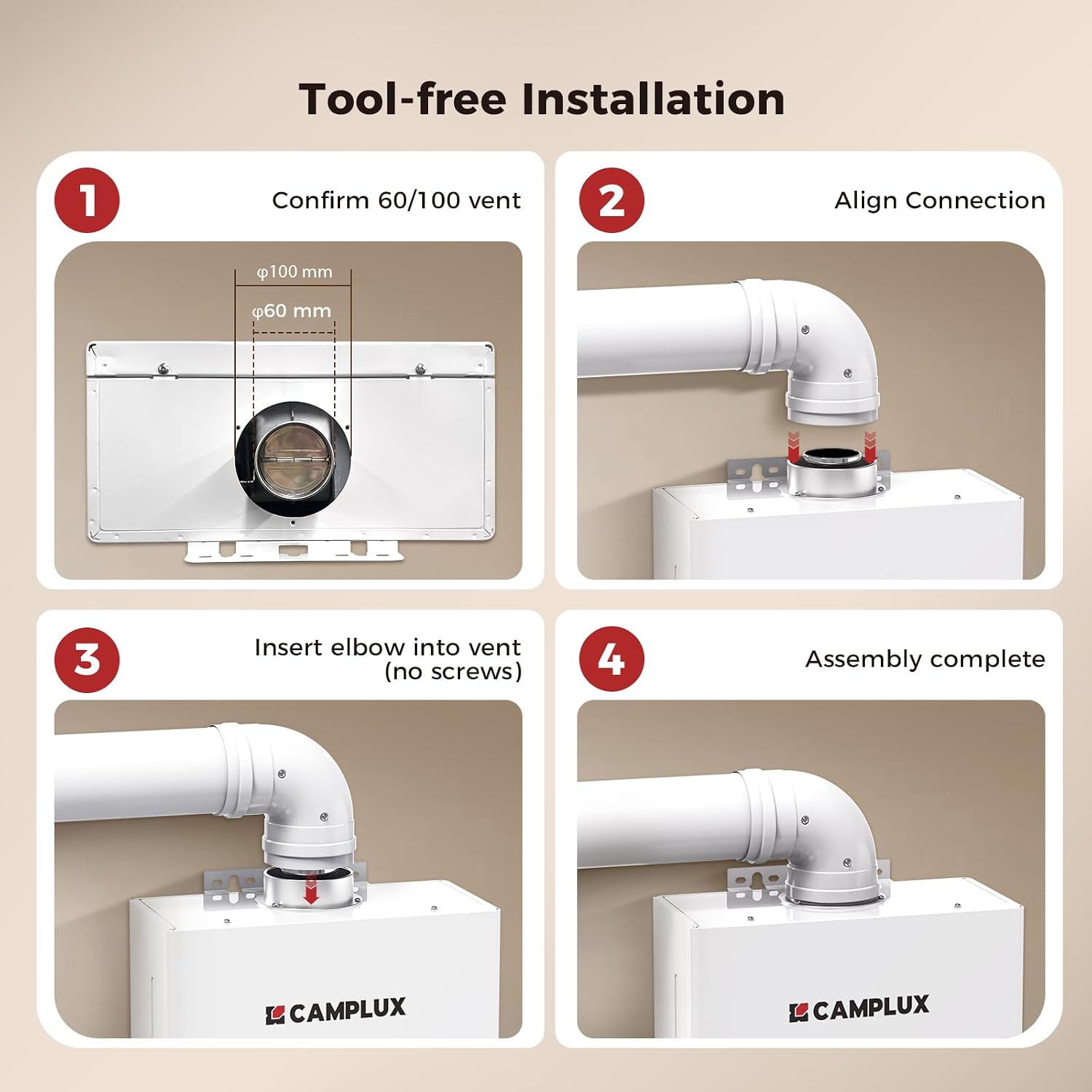 CAMPLUX Horizontal Concentric Flue Kit 60/100 mm for GX318 Model – 90° Elbow, Wall Terminal Set, Aluminum Pipe, Fit for Gas Water Heater (11-14 L/min), VP90T