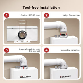 CAMPLUX Horizontal Concentric Flue Kit 60/100 mm for GX318 Model – 90° Elbow, Wall Terminal Set, Aluminum Pipe, Fit for Gas Water Heater (11-14 L/min), VP90T