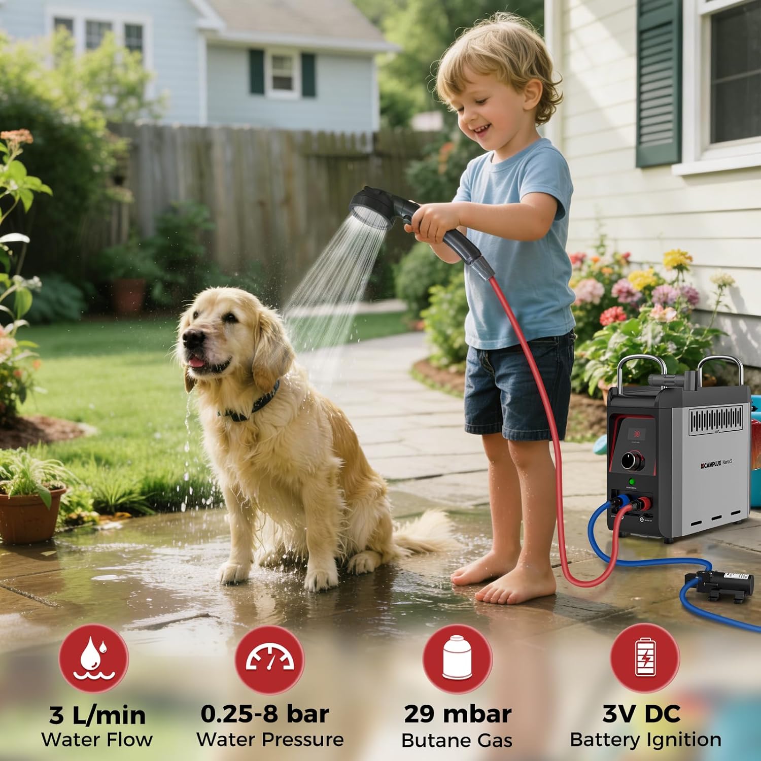 CAMPLUX Nano Portable Gas Water Heater 3L/min, Instant Outdoor Camping Shower for Off-Grid Use, Battery Ignition, Butane Canister Compatible, Nano 3