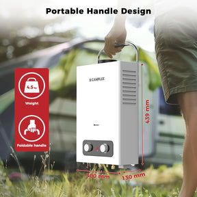 Gas Water Heater 6 litres, CAMPLUX BD158 Instantaneous LPG Water Heater with Handle, for Camping Shower/RV/Washing Horse, 30/37mbar [Energy Class A+]