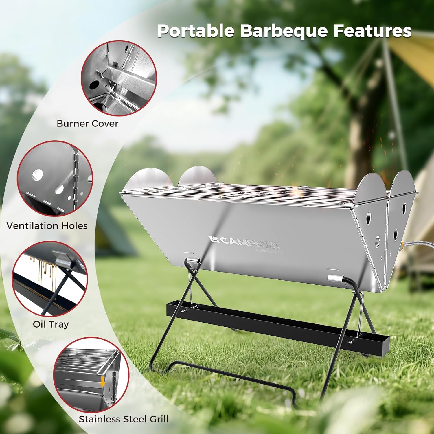 CAMPLUX Portable Grill, 2-in-1 Gas & Charcoal Camping Stove with 340x250 mm Grid and Storage Bag for Backyard, Picnic, Outdoor BBQ, FoldGo FG14GS