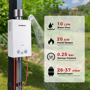 Camplux BW264C 10L Tankless Gas Water Heater with Rain Cap, CE Certified GAR Standard Instant Propane Gas Shower, Use for Camping RV Trip Washing Horse