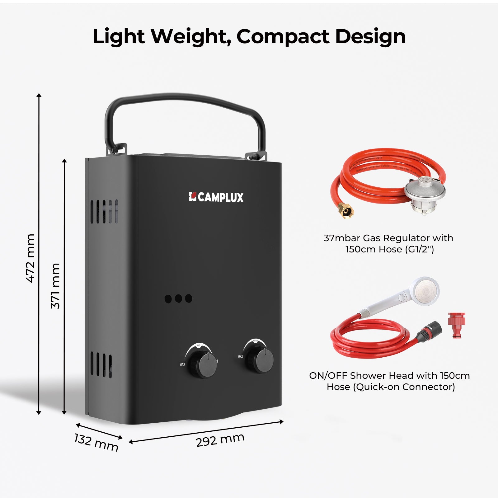 Camplux AY132 5L Portable Gas Water Heater with Folding Handle, Tankless LP Gas Boiler, Use for Outdoor Camping Shower RV