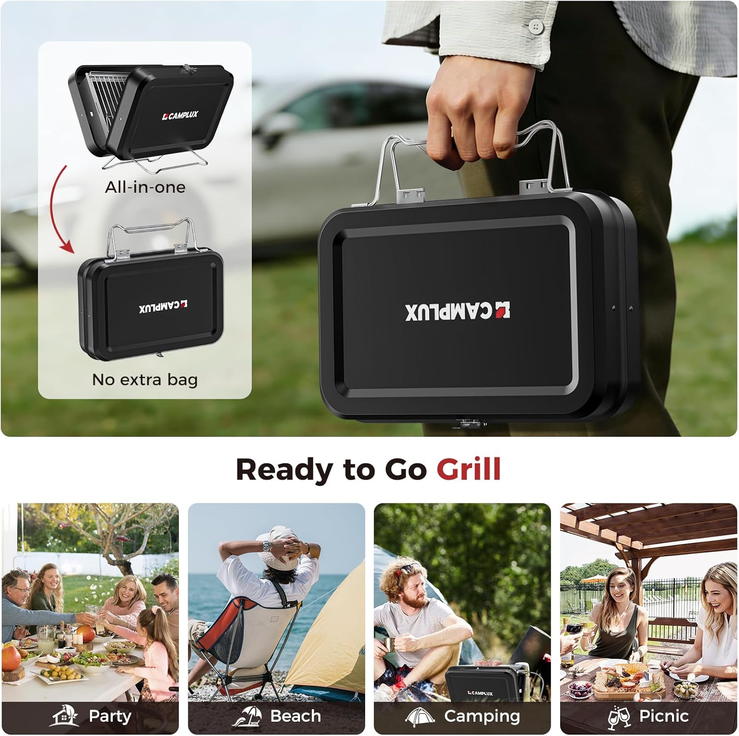 CAMPLUX Portable 2-in-1 Suitcase Grill, Gas & Charcoal Camping Stove with 32 x 23.5 cm Grid, Folds Compact for Camping, Backpacking, Balcony & Travel
