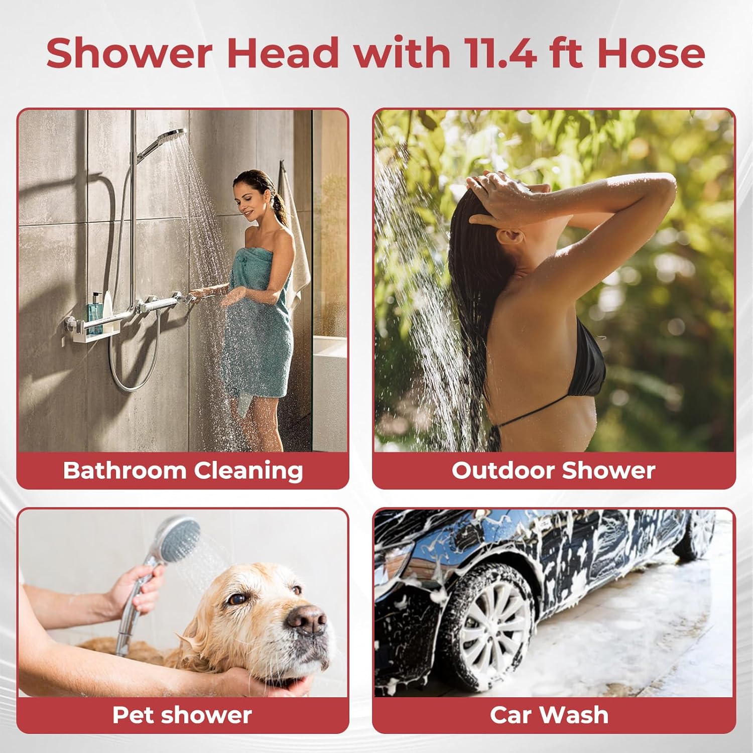 CAMPLUX Handheld Shower Head High Pressure with 3 Sprays, ON/Off Switch, 3.5 Metres Extension Red Hose, Snap-on Connector, Universal G1/2'' Fitting, SH12