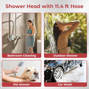 CAMPLUX Handheld Shower Head High Pressure with 3 Sprays, ON/Off Switch, 3.5 Metres Extension Red Hose, Snap-on Connector, Universal G1/2'' Fitting, SH12