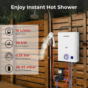 CAMPLUX 10 litres Gas Water Heater with Water Pump F10 Pro, Portable LPG Shower with Handle, Butane/Propane, 28-37mbar, for Outdoor/Campsite/RVs/Remote House, First Series