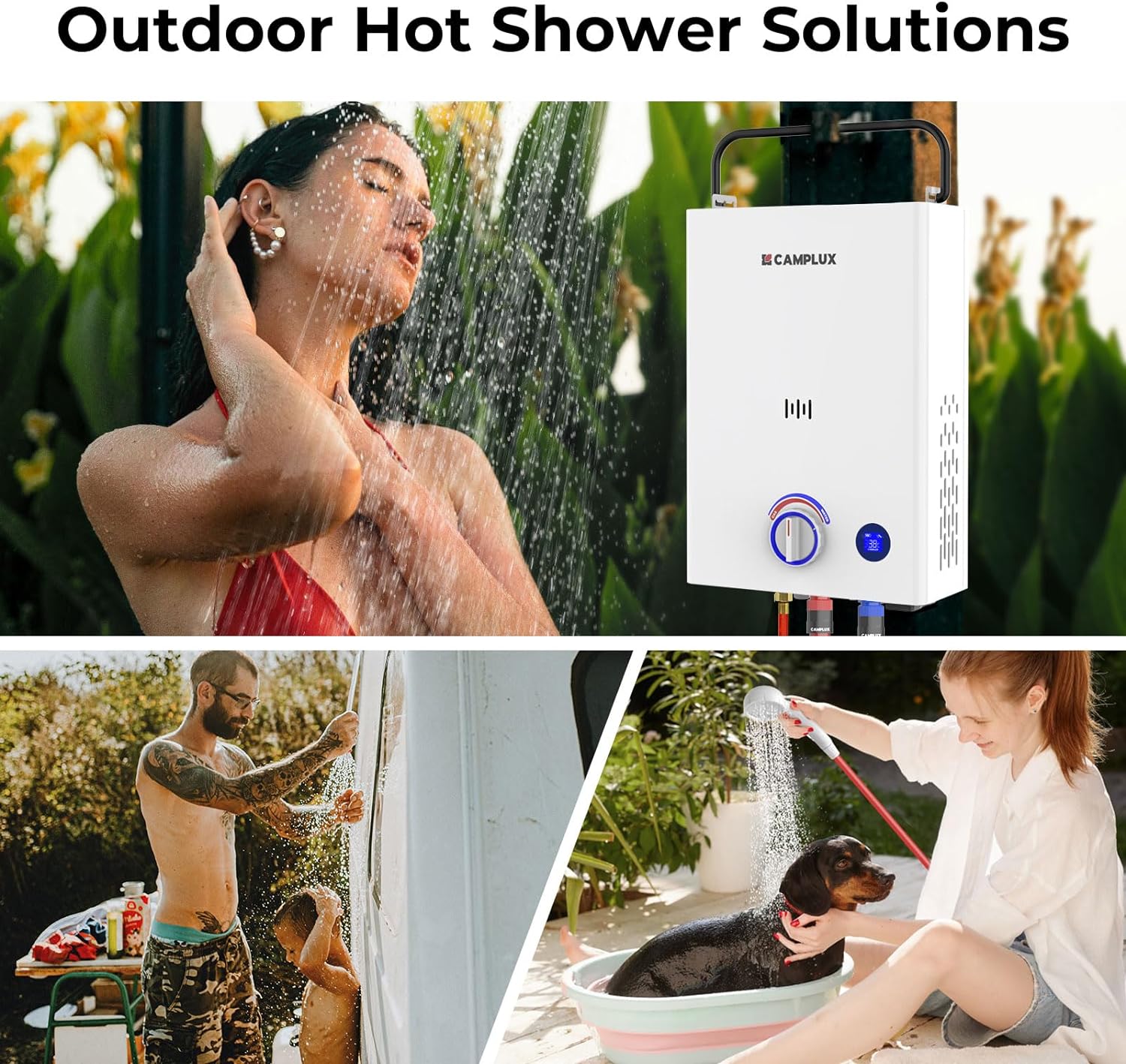 CAMPLUX Gas Water Heater 10 litres with Adjustable Handle F10, Portable Outdoor LPG Shower, Butane (28-30 mbar)/ Propane (37 mbar), for Camping/RV Trip/Barn, First Series