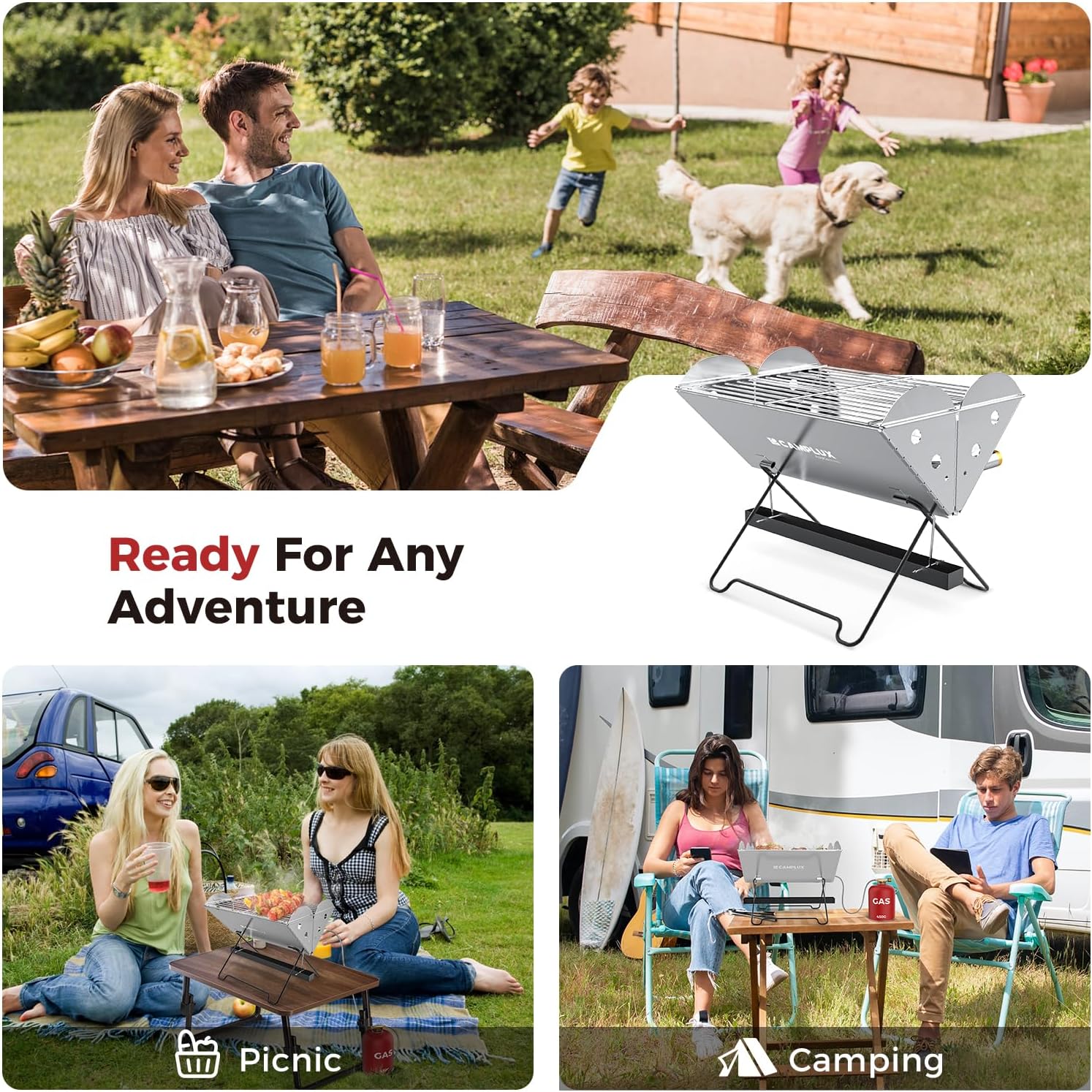 CAMPLUX Portable Grill, 2-in-1 Gas & Charcoal Camping Stove with 340x250 mm Grid and Storage Bag for Backyard, Picnic, Outdoor BBQ, FoldGo FG14GS