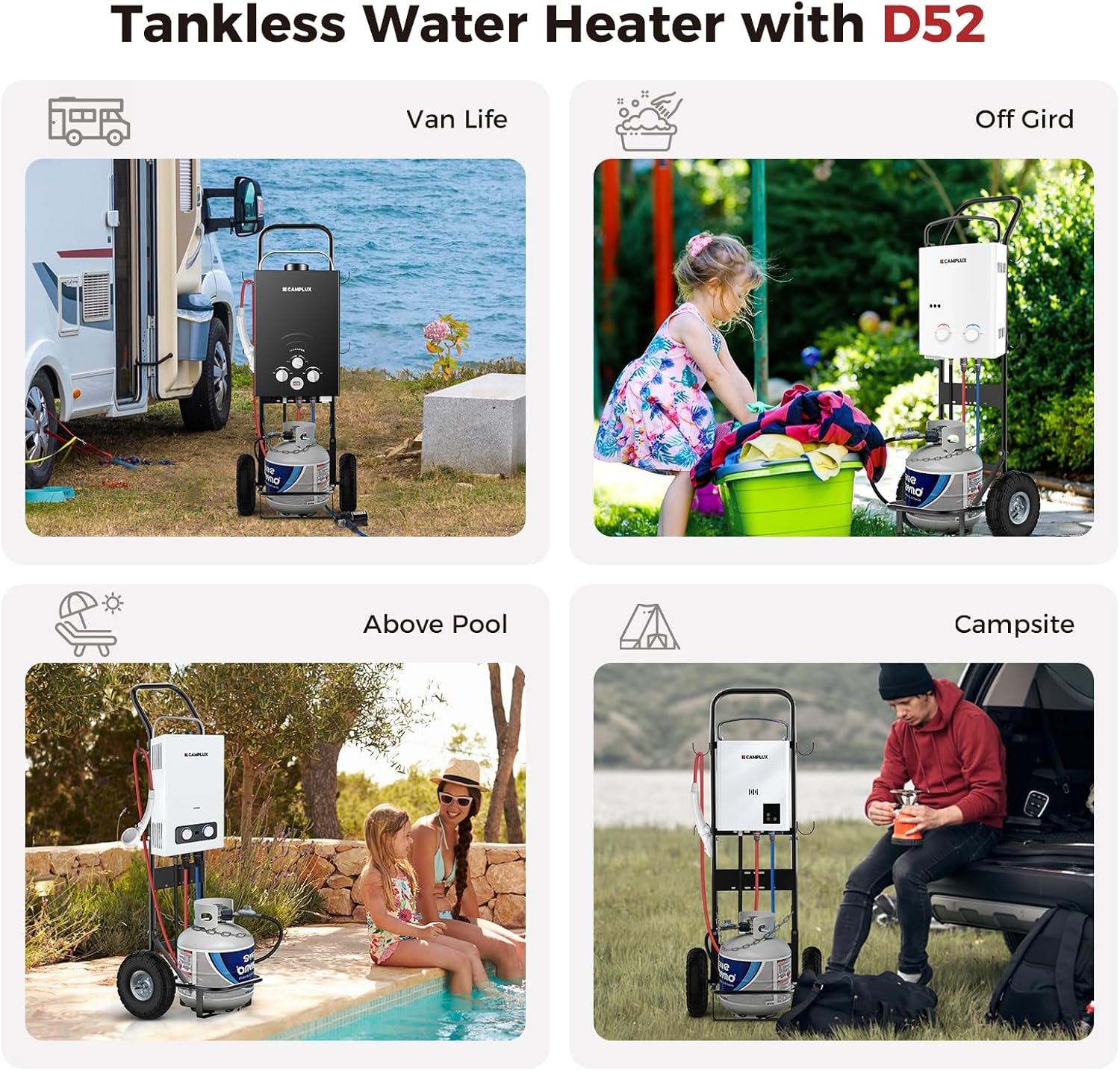 CAMPLUX Mobile Gas Bottle Trolley for Tankless Water Heaters, Heavy Duty Steel Sack Truck with 26 cm (10”) Pneumatic Tyres, Ideal for Camping, Pet Washing & Outdoor Hot Water, D52