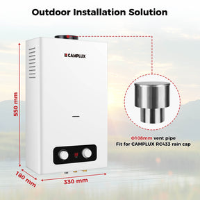 Gas Water Heater 10 litres, CAMPLUX BD264 Outdoor Water Heater, Propane/Butane Water Heater for RV/Camping/Garden/Mobile Homes/Tiny Houses [Energy Class A+]