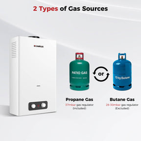 Gas Water Heater 16 litres, CAMPLUX BD422 Instant Outdoor Water Heater, Propane & Butane Gas Shower for Camping/Outdoor/Garden Use, 32kW