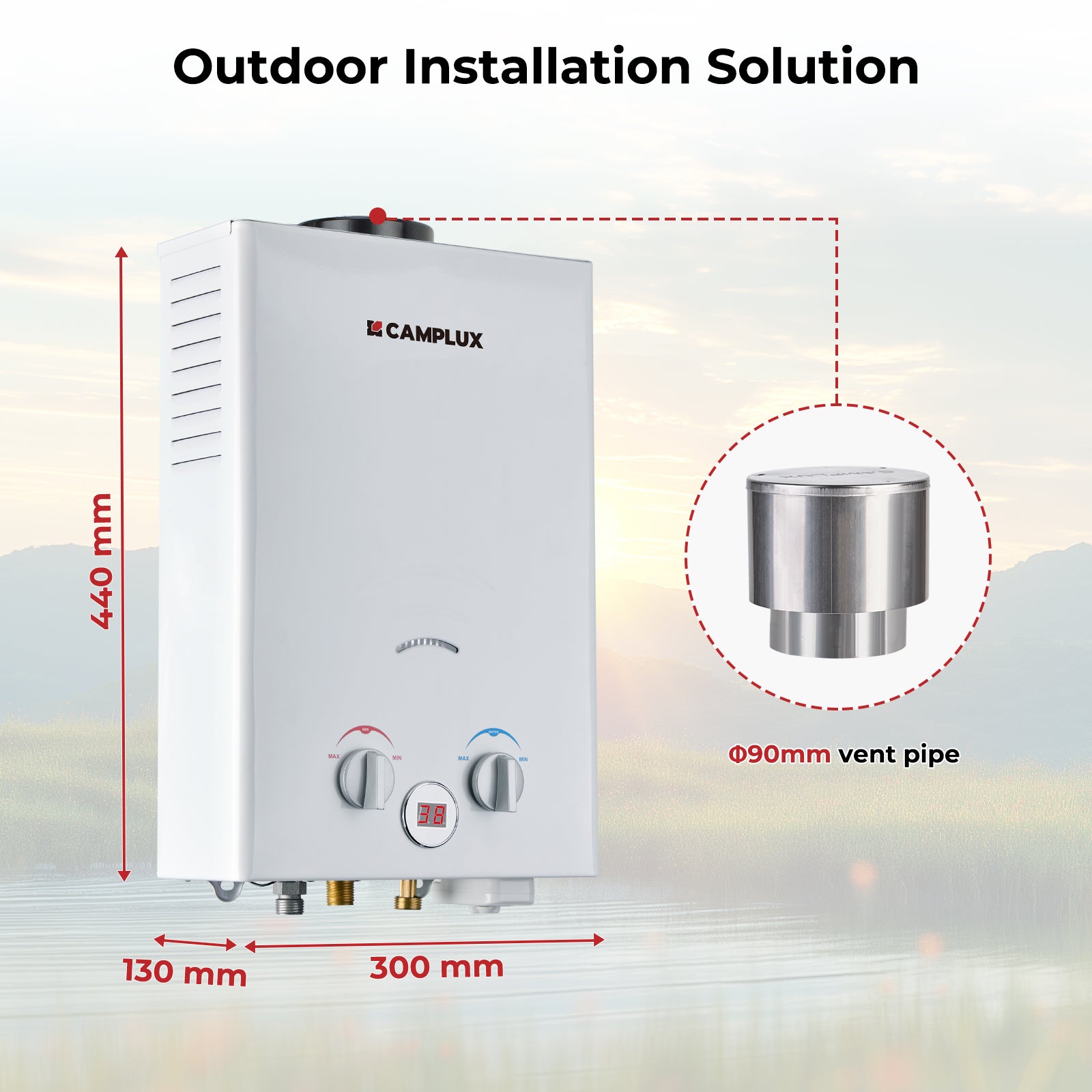 CAMPLUX BW264C 10 L Tankless Gas Boiler, Butaan (28-30mbar)/ Propaan (37 mbar), 20 kW, voor Camping, RV, Wassen Paarden CAMPLUX BW264C 10 L Tankless Gas Boiler, Butaan (28-30mbar)/ Propaan (37 mbar), 20 kW, voor Camping, RV, Wassen Paarden