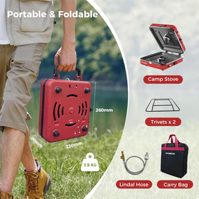 CAMPLUX FoldGo Camping Stove 2 Burners, Portable Gas Stove with Handle for Screw-On Gas Canister, Ideal for Camping, Hiking, and Picnics