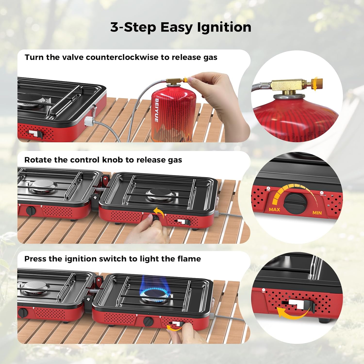 CAMPLUX FoldGo Camping Stove 2 Burners, Portable Gas Stove with Handle for Screw-On Gas Canister, Ideal for Camping, Hiking, and Picnics