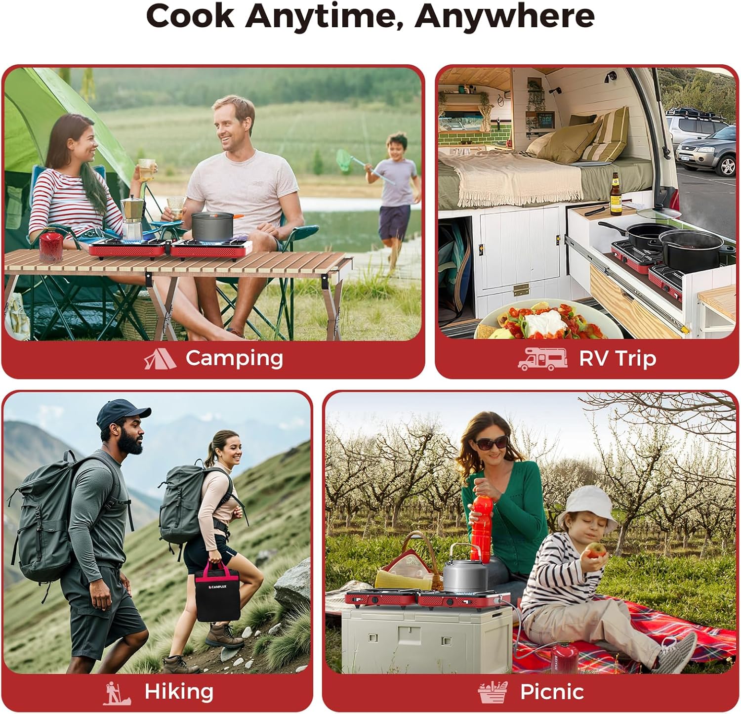 CAMPLUX FoldGo Camping Stove 2 Burners, Portable Gas Stove with Handle for Screw-On Gas Canister, Ideal for Camping, Hiking, and Picnics